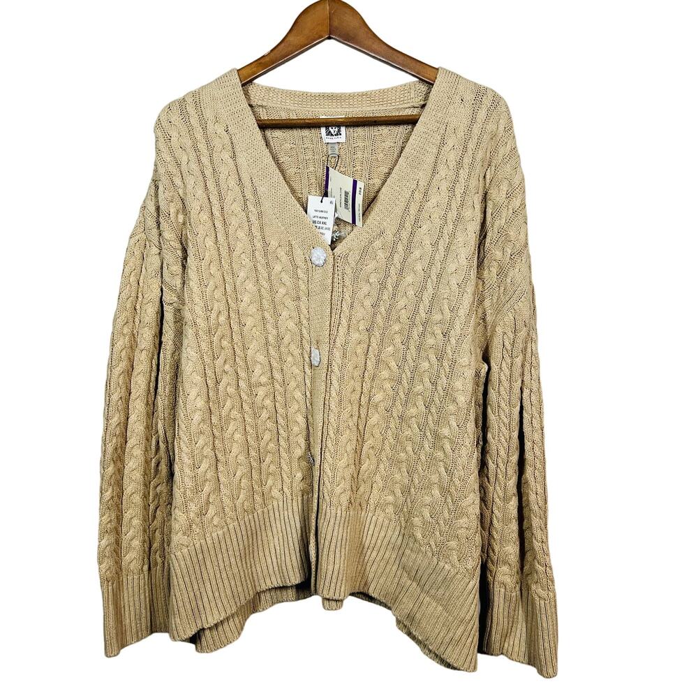 NEW! Anne Klein Cable Knit Caedigan Jewel Button Slub Collegiate Tan - XXL